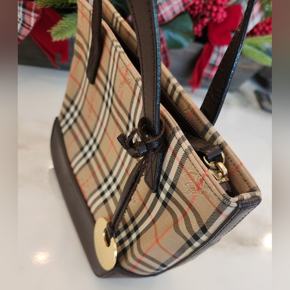 Burberry | Haymarket Check Printed Brown Leather Trim Mini Handle Bag-Like new! - Picture 4 of 15